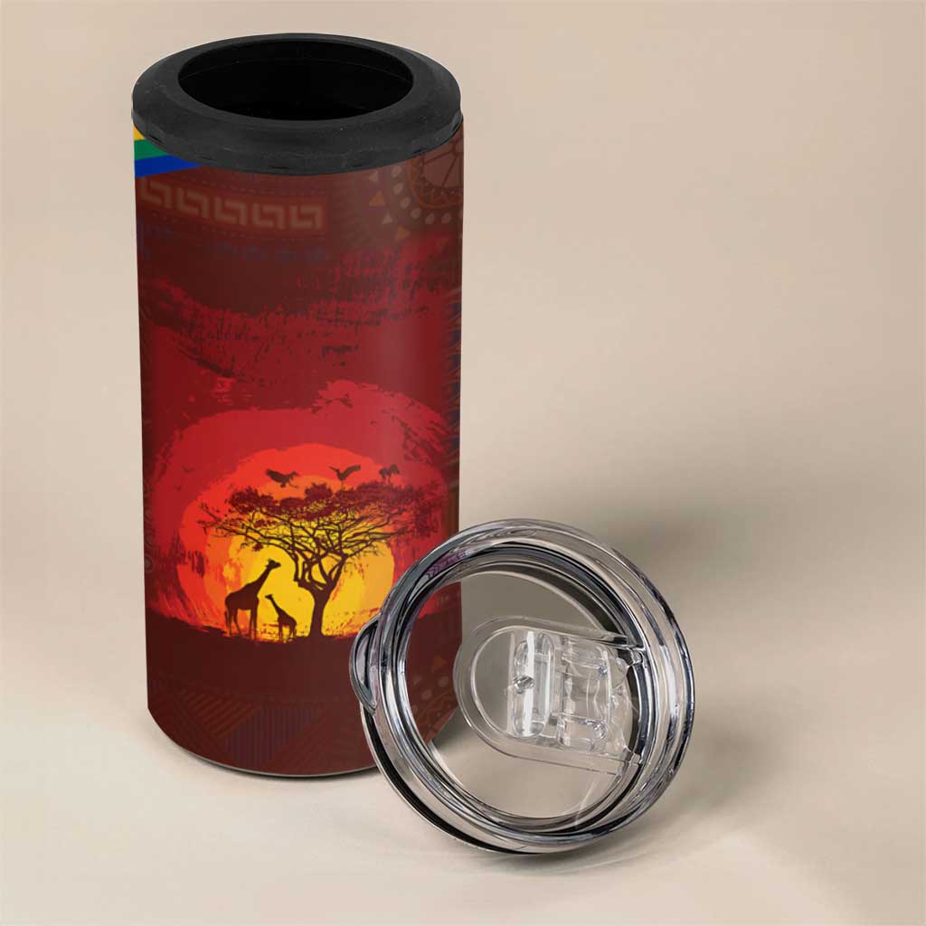 African Sunset 4 in 1 Can Cooler Tumbler Tribal Pattern Continent Silhouette - Rainbow Arc Safari Scene TS04