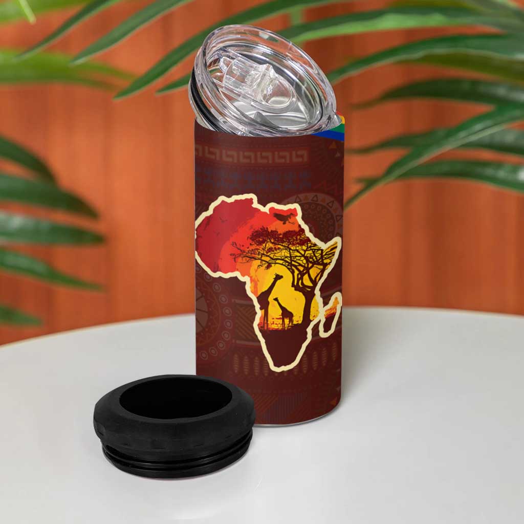 African Sunset 4 in 1 Can Cooler Tumbler Tribal Pattern Continent Silhouette - Rainbow Arc Safari Scene TS04