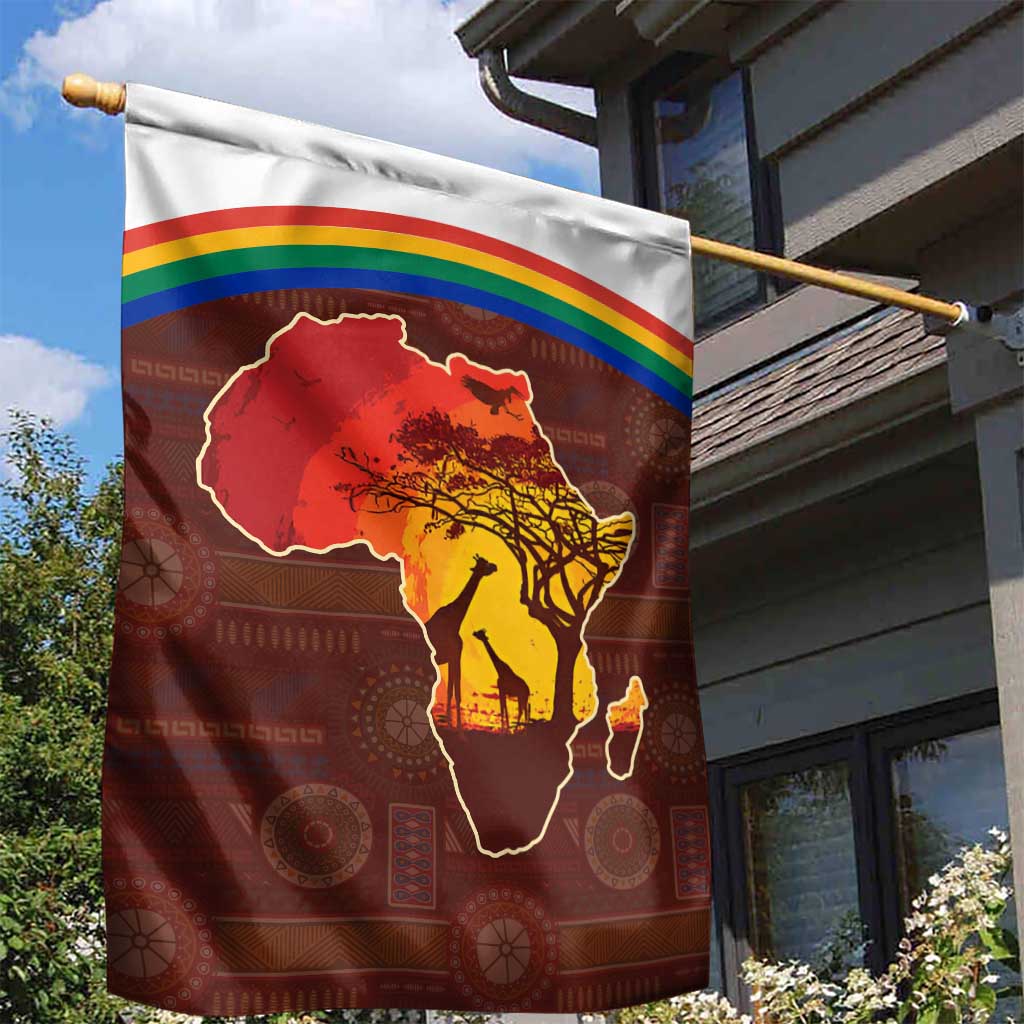 African Sunset Garden Flag Tribal Pattern Continent Silhouette - Rainbow Arc Safari Scene TS04