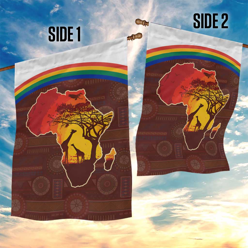 African Sunset Garden Flag Tribal Pattern Continent Silhouette - Rainbow Arc Safari Scene TS04