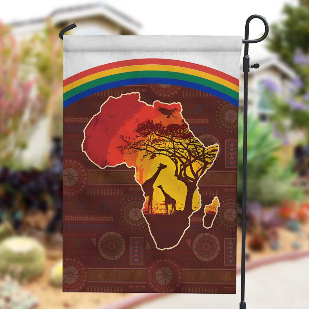 African Sunset Garden Flag Tribal Pattern Continent Silhouette - Rainbow Arc Safari Scene TS04