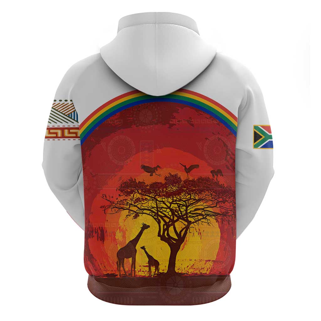African Sunset Heritage Hoodie Tribal Pattern with Continent Silhouette, Rainbow Arc & Safari Scene TS04