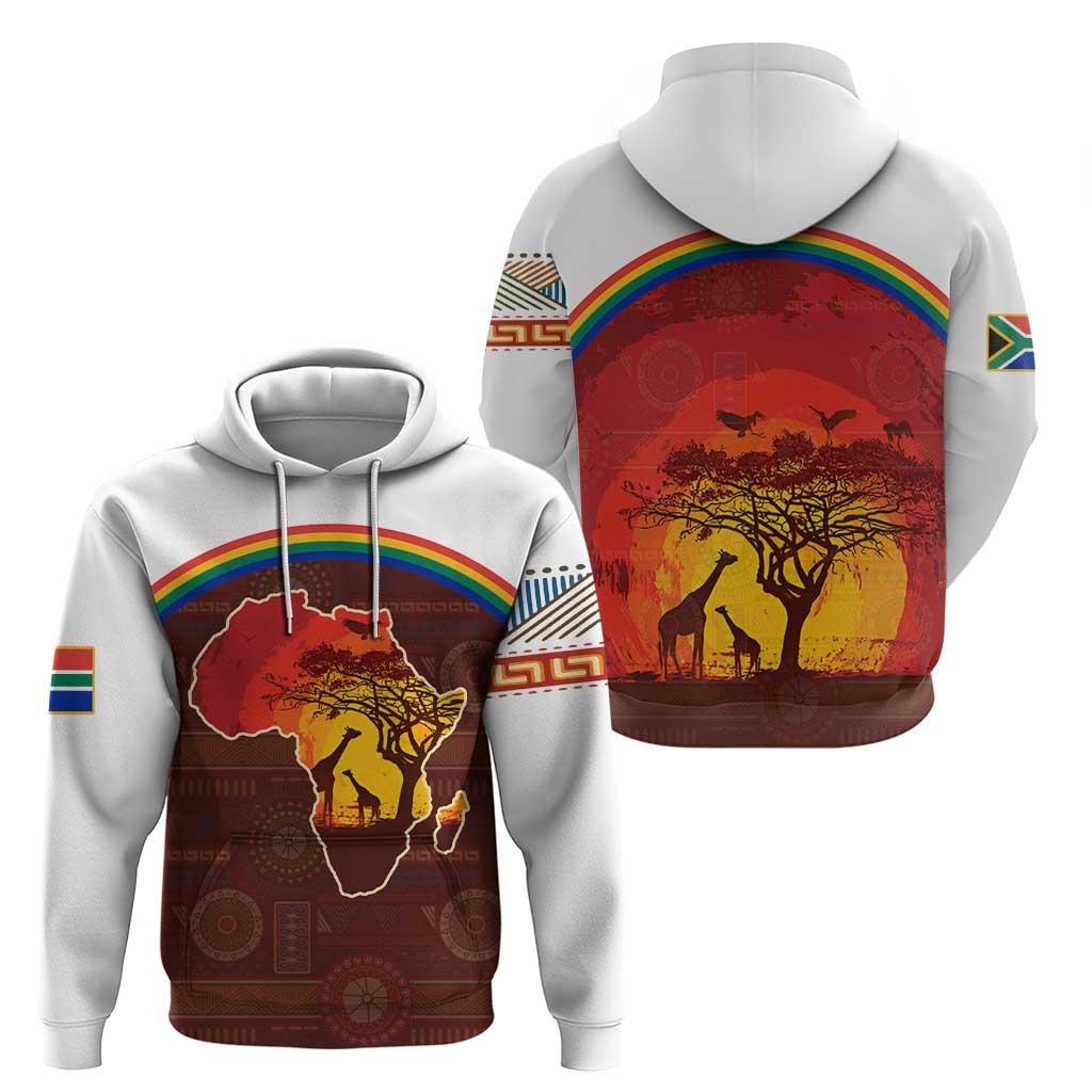 African Sunset Heritage Hoodie Tribal Pattern with Continent Silhouette, Rainbow Arc & Safari Scene TS04