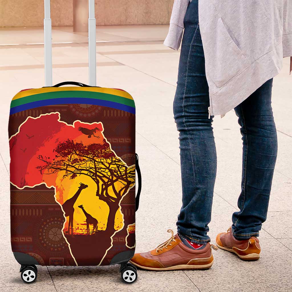African Sunset Heritage Luggage Cover Tribal Pattern with Continent Silhouette, Rainbow Arc & Safari Scene TS04