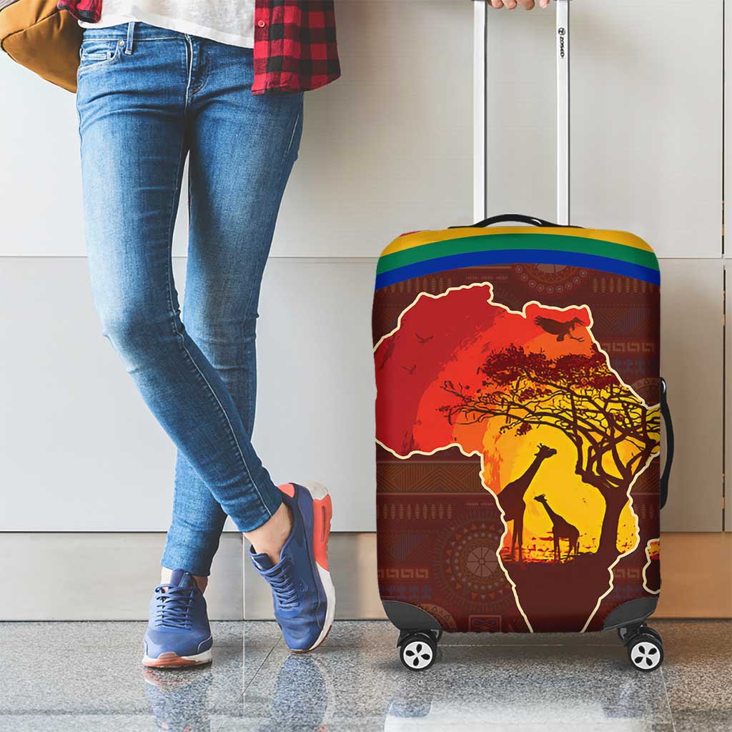 African Sunset Heritage Luggage Cover Tribal Pattern with Continent Silhouette, Rainbow Arc & Safari Scene TS04