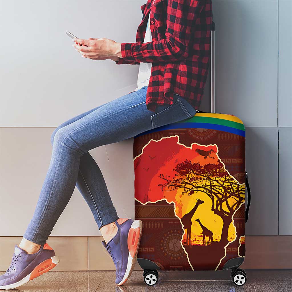 African Sunset Heritage Luggage Cover Tribal Pattern with Continent Silhouette, Rainbow Arc & Safari Scene TS04