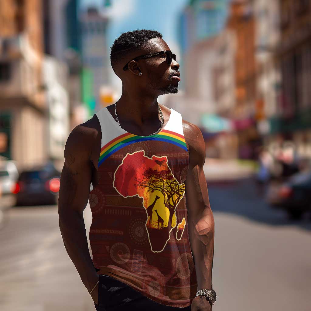 African Sunset Men Tank Top Tribal Pattern Continent Silhouette - Rainbow Arc Safari Scene TS04
