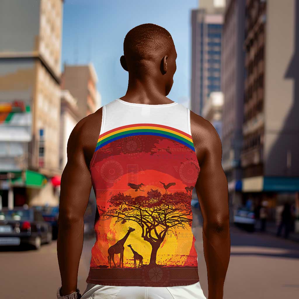 African Sunset Men Tank Top Tribal Pattern Continent Silhouette - Rainbow Arc Safari Scene TS04