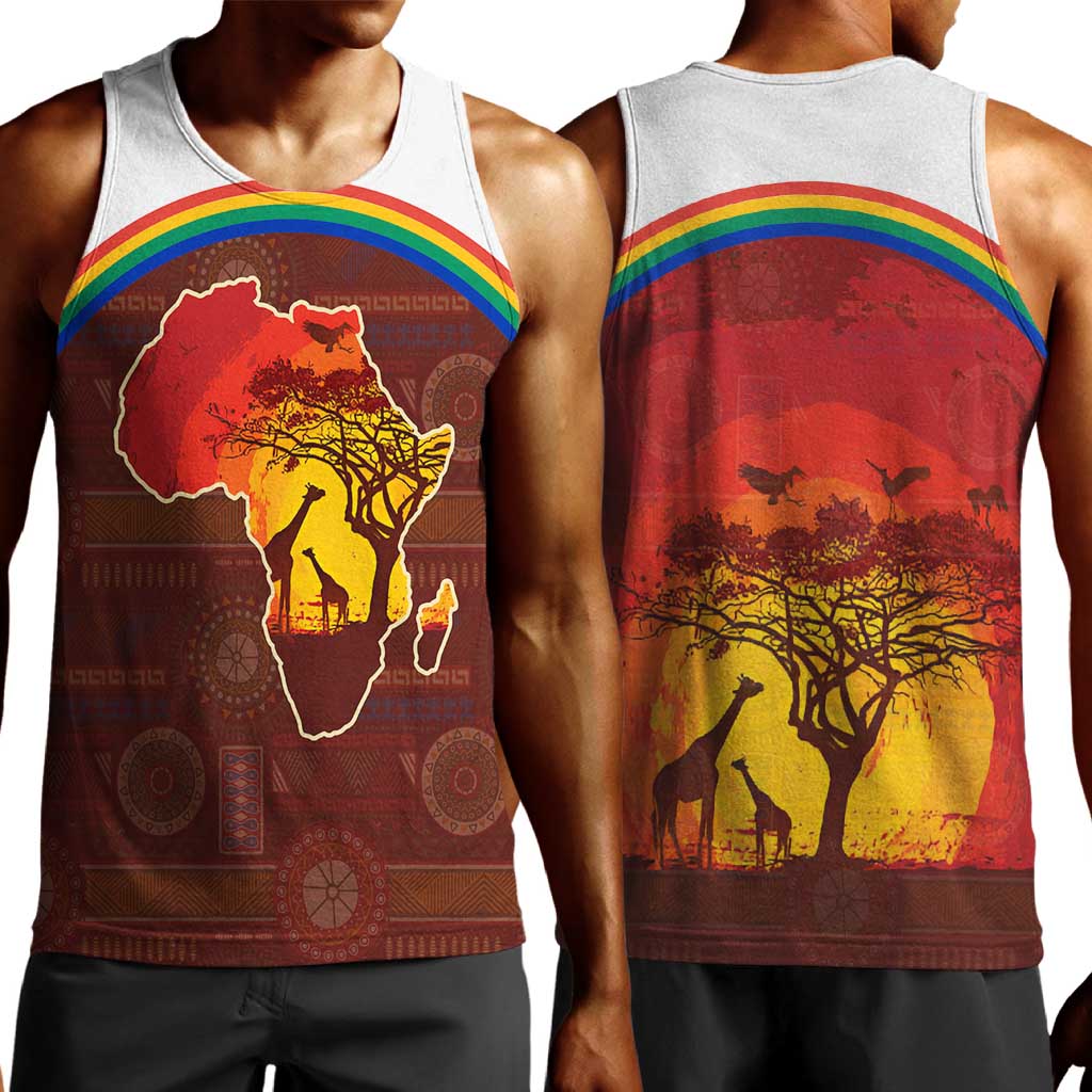 African Sunset Men Tank Top Tribal Pattern Continent Silhouette - Rainbow Arc Safari Scene TS04