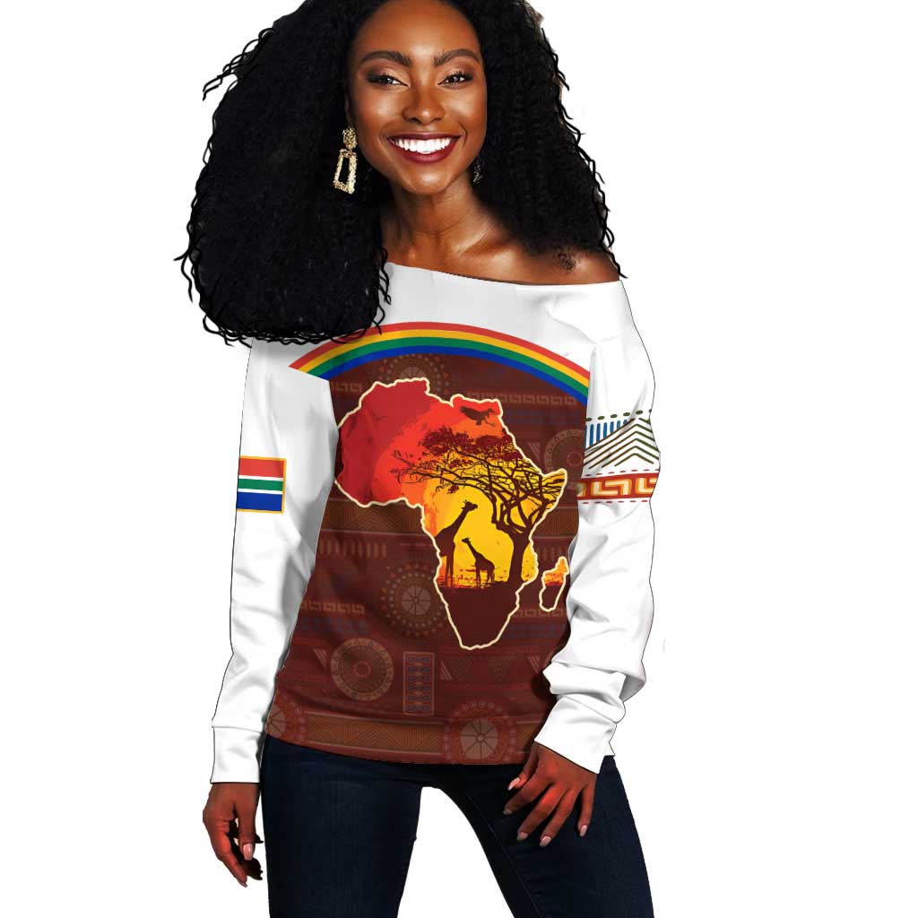 African Sunset Off Shoulder Sweater Tribal Pattern Continent Silhouette - Rainbow Arc Safari Scene TS04