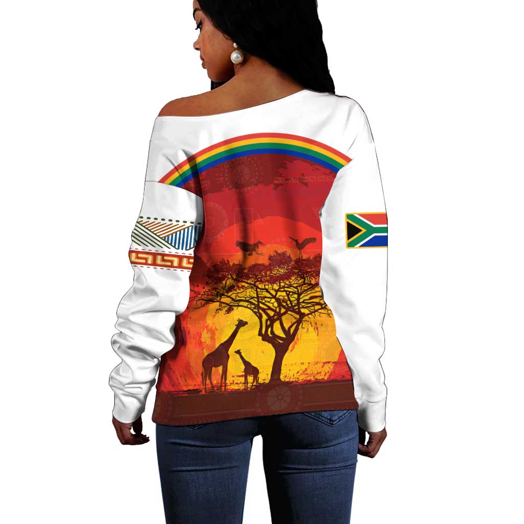 African Sunset Off Shoulder Sweater Tribal Pattern Continent Silhouette - Rainbow Arc Safari Scene TS04