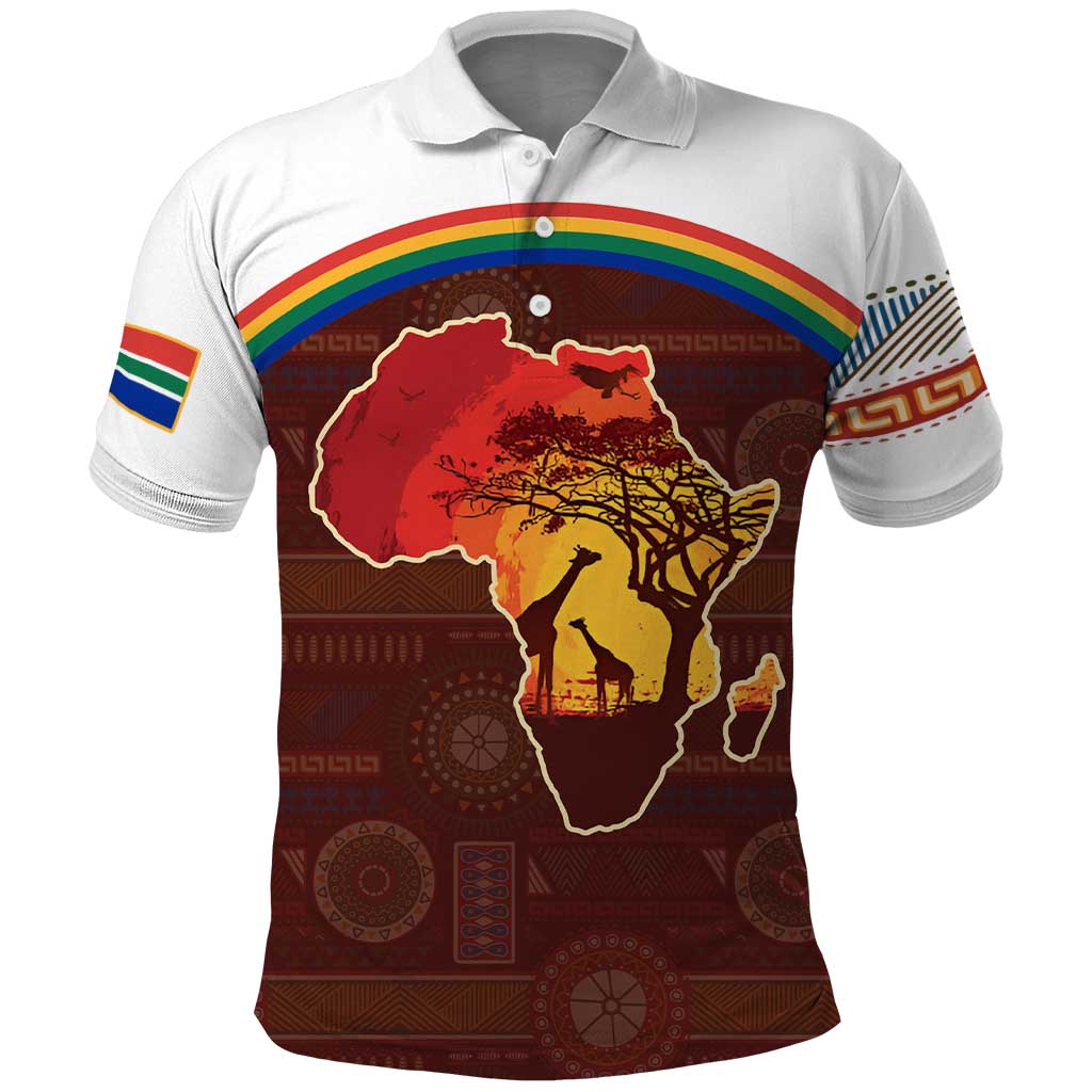 African Sunset Heritage Polo Shirt Tribal Pattern with Continent Silhouette, Rainbow Arc & Safari Scene TS04