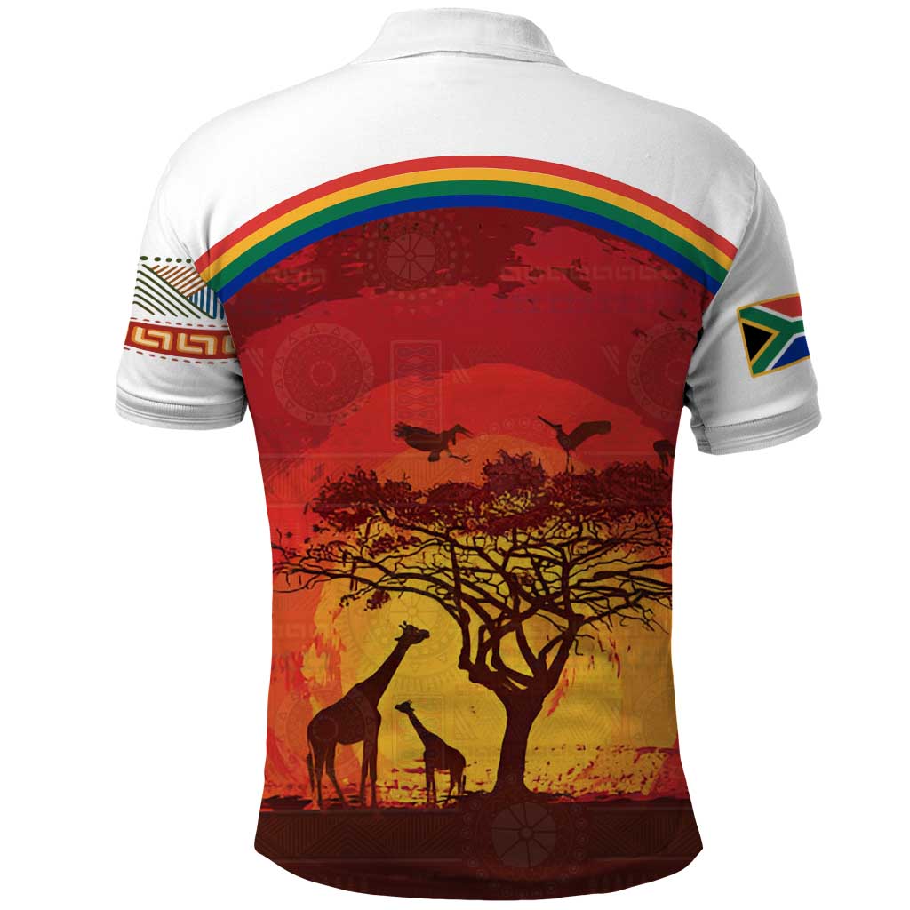 African Sunset Heritage Polo Shirt Tribal Pattern with Continent Silhouette, Rainbow Arc & Safari Scene TS04