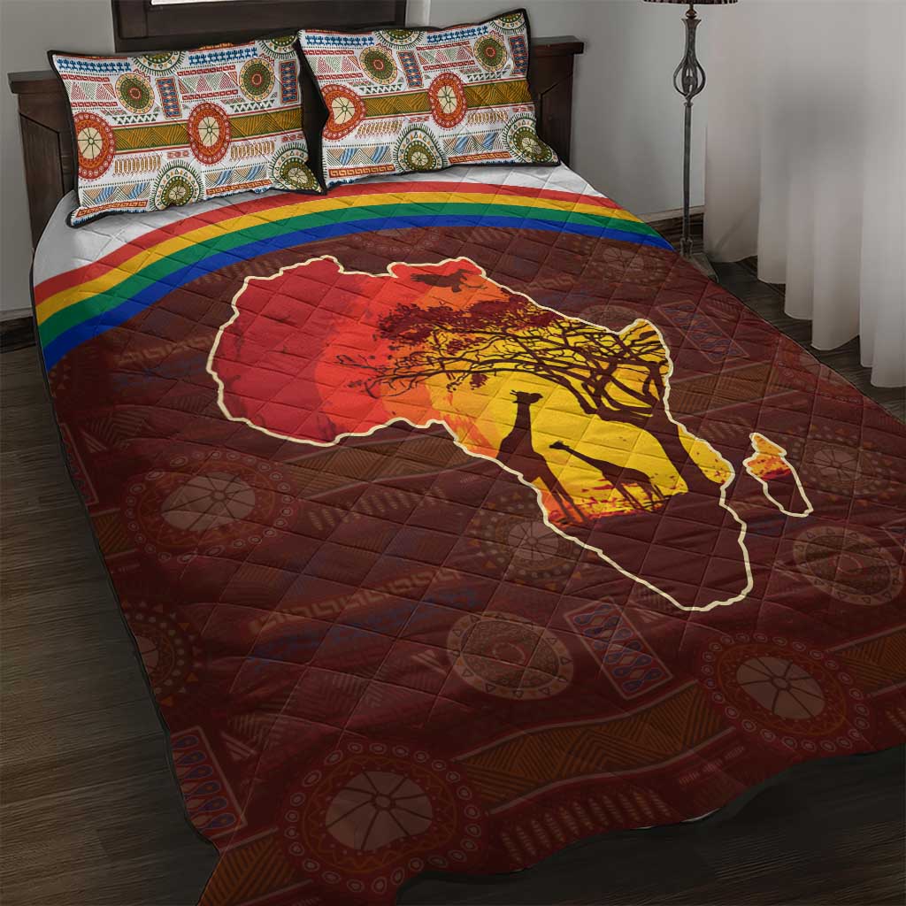 African Sunset Quilt Bed Set Tribal Pattern Continent Silhouette - Rainbow Arc Safari Scene TS04