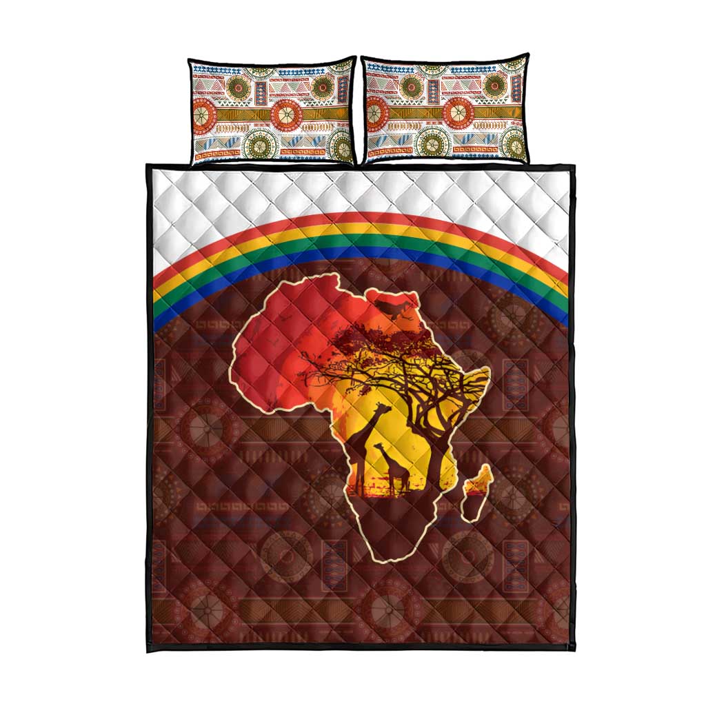 African Sunset Quilt Bed Set Tribal Pattern Continent Silhouette - Rainbow Arc Safari Scene TS04