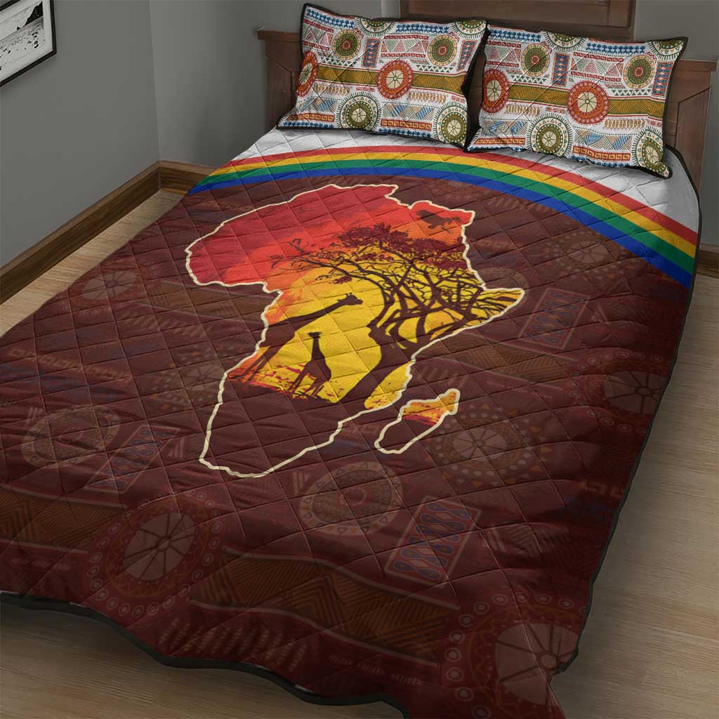 African Sunset Quilt Bed Set Tribal Pattern Continent Silhouette - Rainbow Arc Safari Scene TS04