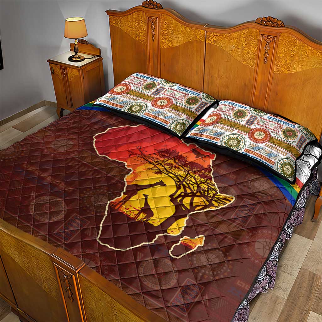 African Sunset Quilt Bed Set Tribal Pattern Continent Silhouette - Rainbow Arc Safari Scene TS04