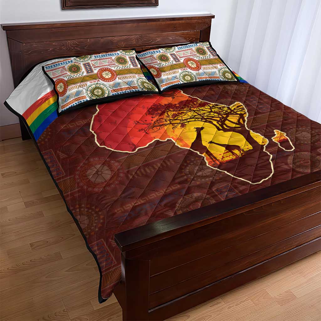 African Sunset Quilt Bed Set Tribal Pattern Continent Silhouette - Rainbow Arc Safari Scene TS04