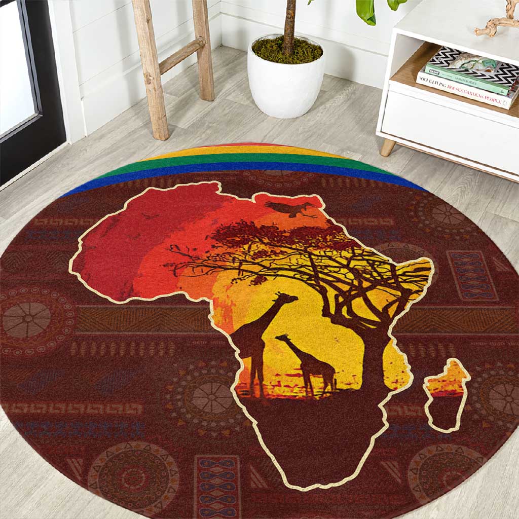 African Sunset Round Carpet Tribal Pattern Continent Silhouette - Rainbow Arc Safari Scene TS04