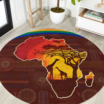 African Sunset Round Carpet Tribal Pattern Continent Silhouette - Rainbow Arc Safari Scene TS04