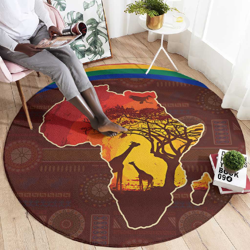 African Sunset Round Carpet Tribal Pattern Continent Silhouette - Rainbow Arc Safari Scene TS04