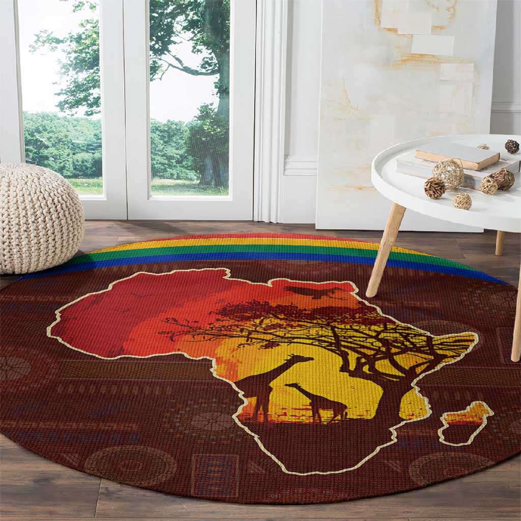 African Sunset Round Carpet Tribal Pattern Continent Silhouette - Rainbow Arc Safari Scene TS04