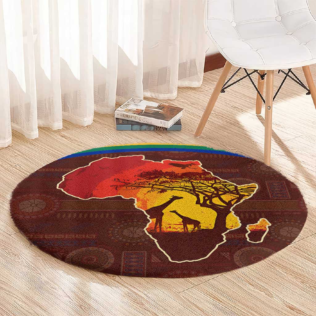African Sunset Round Carpet Tribal Pattern Continent Silhouette - Rainbow Arc Safari Scene TS04