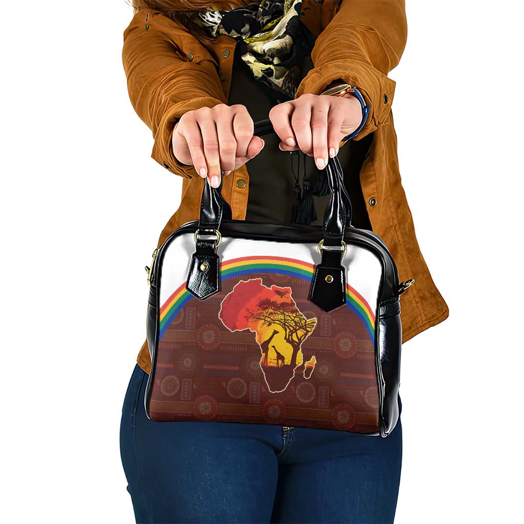 African Sunset Heritage Shoulder Handbag Tribal Pattern with Continent Silhouette, Rainbow Arc & Safari Scene TS04