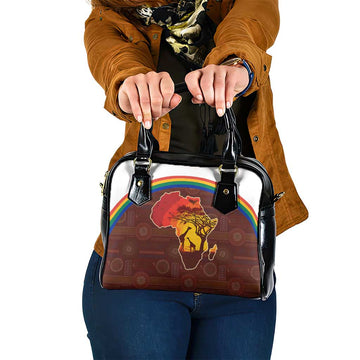 African Sunset Heritage Shoulder Handbag Tribal Pattern with Continent Silhouette, Rainbow Arc & Safari Scene TS04