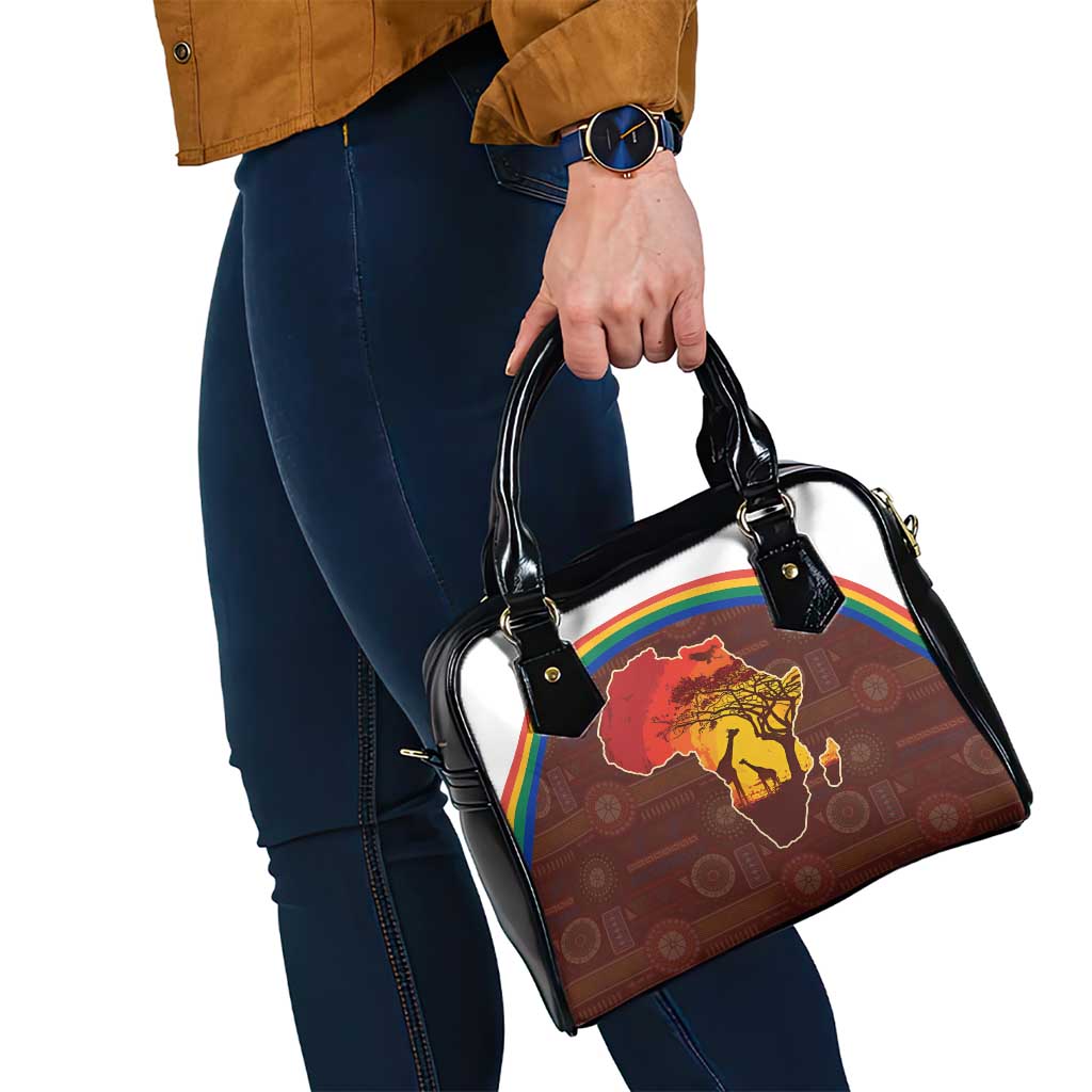 African Sunset Heritage Shoulder Handbag Tribal Pattern with Continent Silhouette, Rainbow Arc & Safari Scene TS04