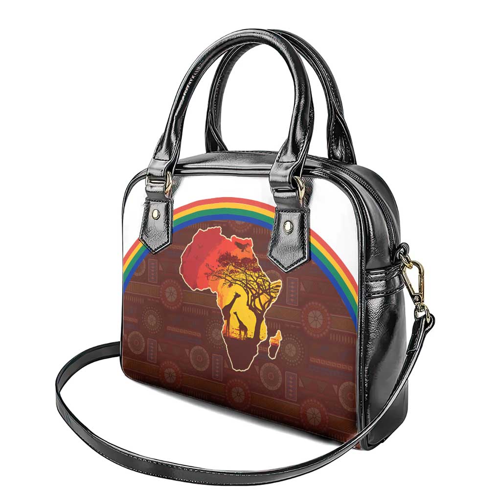 African Sunset Heritage Shoulder Handbag Tribal Pattern with Continent Silhouette, Rainbow Arc & Safari Scene TS04