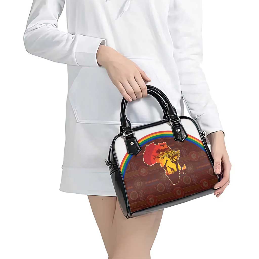 African Sunset Heritage Shoulder Handbag Tribal Pattern with Continent Silhouette, Rainbow Arc & Safari Scene TS04