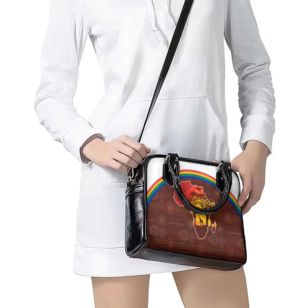 African Sunset Heritage Shoulder Handbag Tribal Pattern with Continent Silhouette, Rainbow Arc & Safari Scene TS04