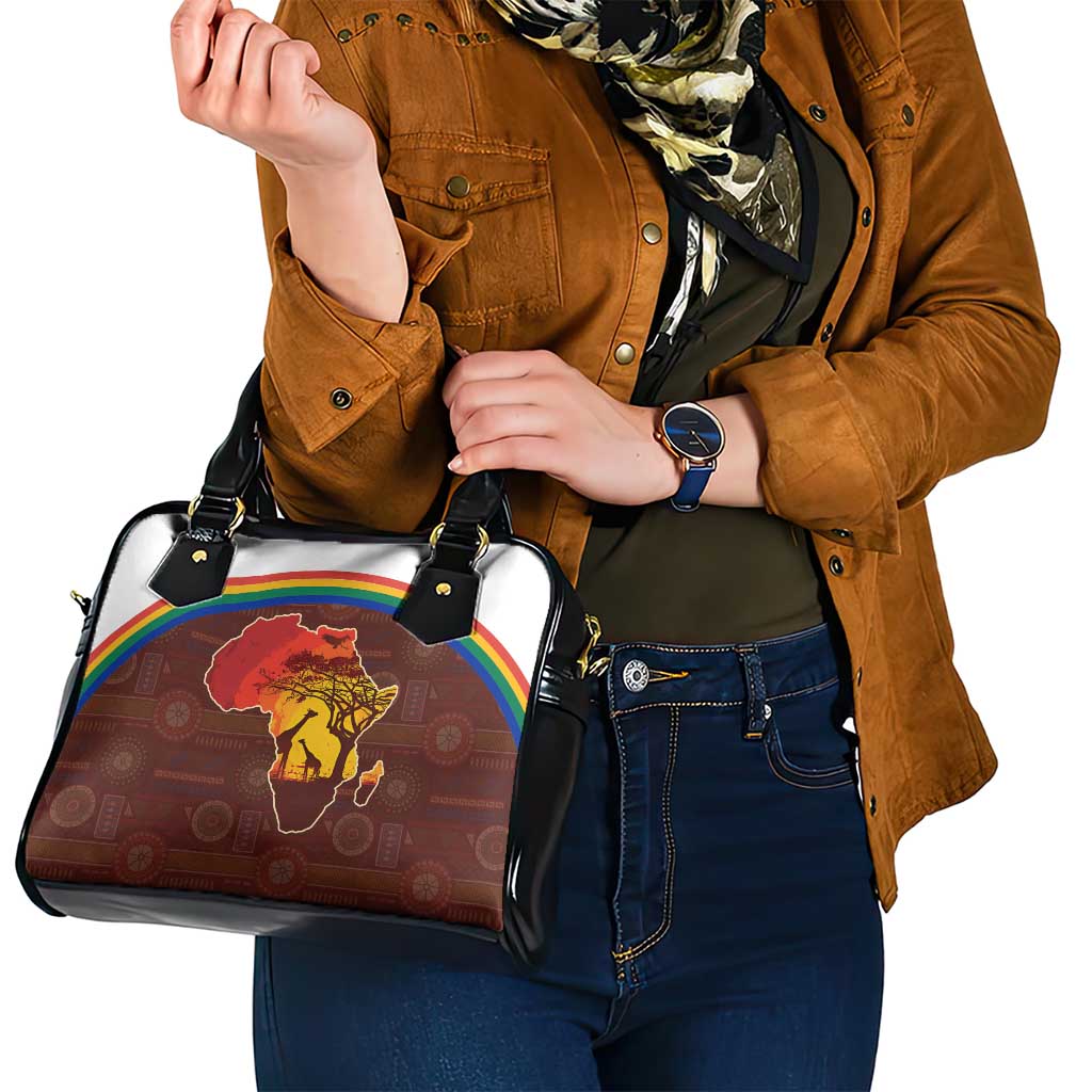 African Sunset Heritage Shoulder Handbag Tribal Pattern with Continent Silhouette, Rainbow Arc & Safari Scene TS04