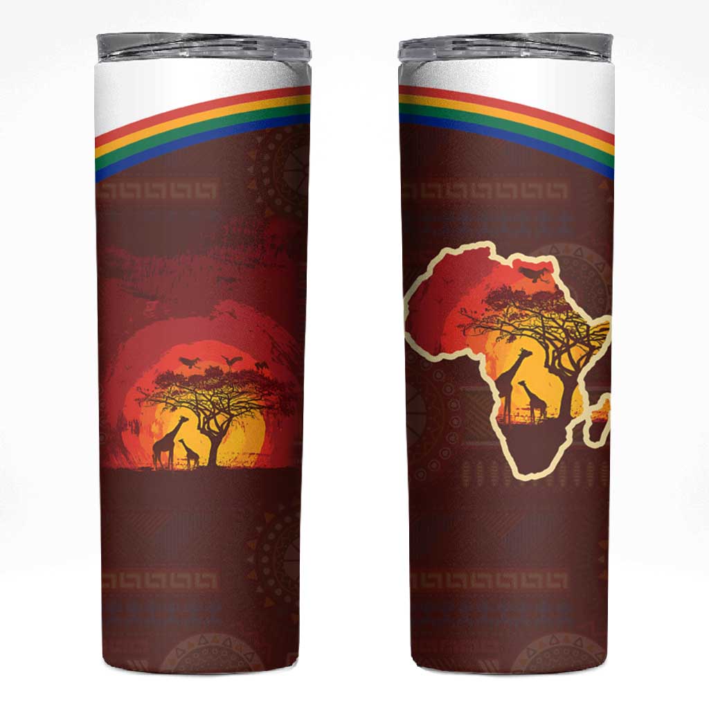 African Sunset Skinny Tumbler Tribal Pattern Continent Silhouette - Rainbow Arc Safari Scene TS04