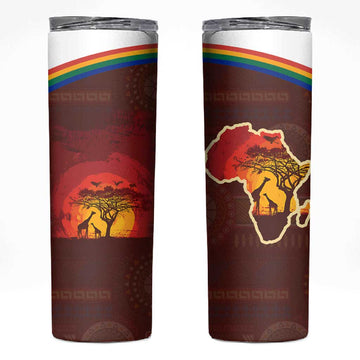 African Sunset Skinny Tumbler Tribal Pattern Continent Silhouette - Rainbow Arc Safari Scene TS04