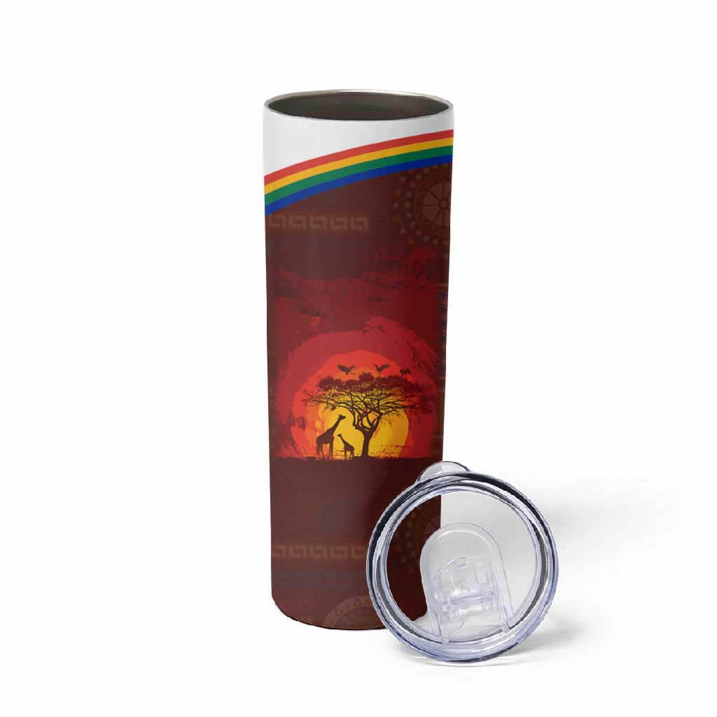 African Sunset Skinny Tumbler Tribal Pattern Continent Silhouette - Rainbow Arc Safari Scene TS04