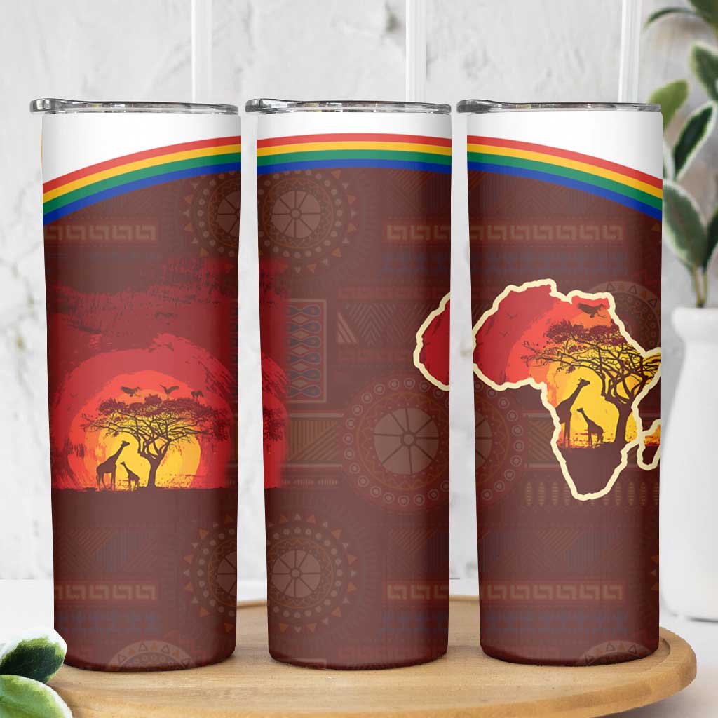 African Sunset Skinny Tumbler Tribal Pattern Continent Silhouette - Rainbow Arc Safari Scene TS04