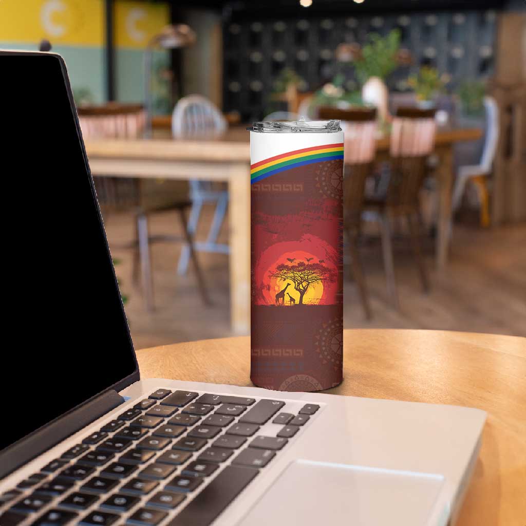 African Sunset Skinny Tumbler Tribal Pattern Continent Silhouette - Rainbow Arc Safari Scene TS04
