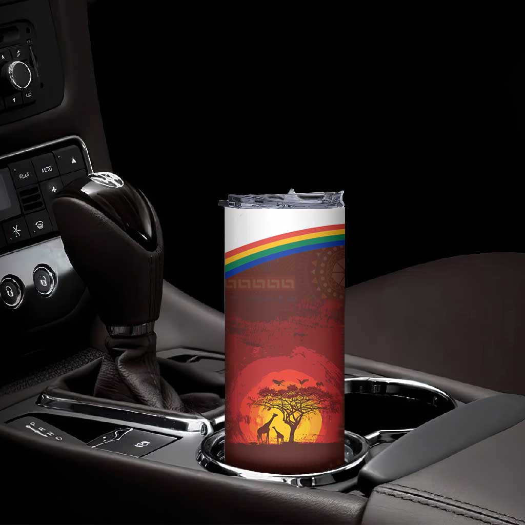 African Sunset Skinny Tumbler Tribal Pattern Continent Silhouette - Rainbow Arc Safari Scene TS04