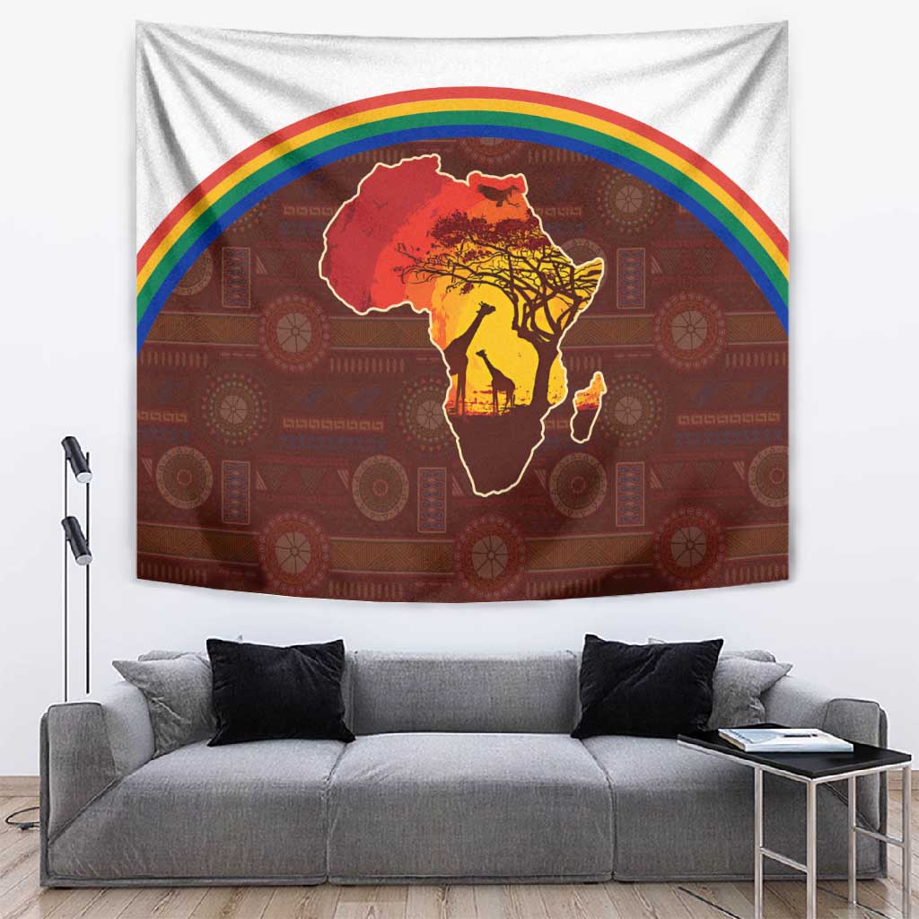 African Sunset Tapestry Tribal Pattern Continent Silhouette - Rainbow Arc Safari Scene TS04