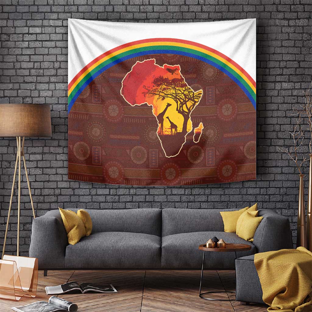 African Sunset Tapestry Tribal Pattern Continent Silhouette - Rainbow Arc Safari Scene TS04