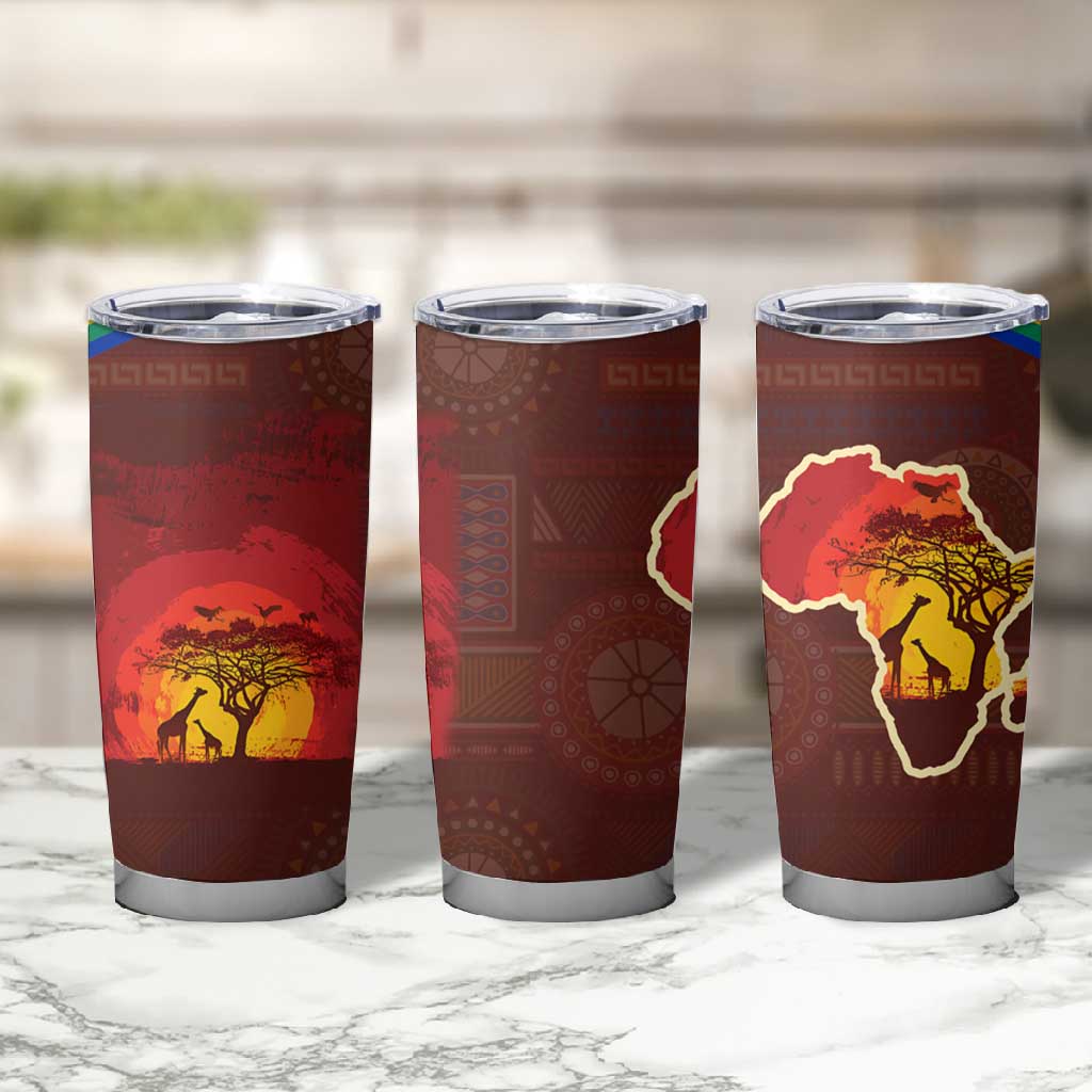African Sunset Tumbler Cup Tribal Pattern Continent Silhouette - Rainbow Arc Safari Scene TS04