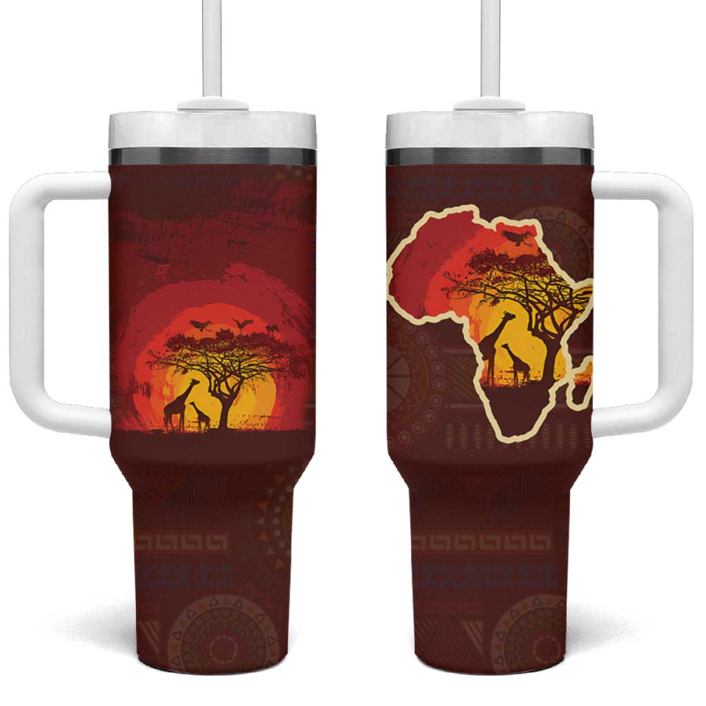 African Sunset Tumbler With Handle Tribal Pattern Continent Silhouette - Rainbow Arc Safari Scene TS04