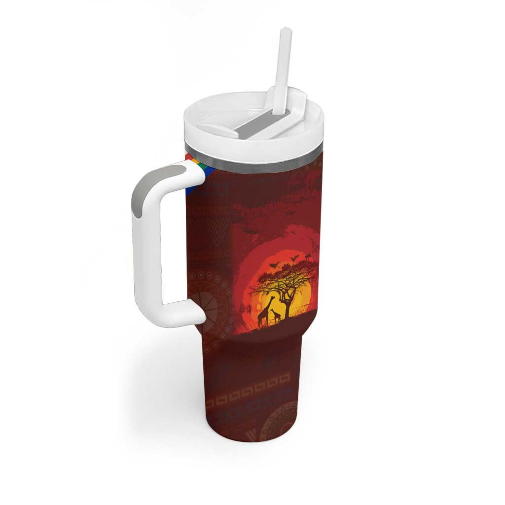 African Sunset Tumbler With Handle Tribal Pattern Continent Silhouette - Rainbow Arc Safari Scene TS04