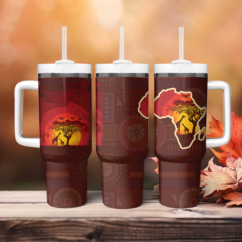 African Sunset Tumbler With Handle Tribal Pattern Continent Silhouette - Rainbow Arc Safari Scene TS04