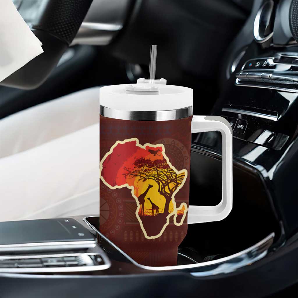 African Sunset Tumbler With Handle Tribal Pattern Continent Silhouette - Rainbow Arc Safari Scene TS04