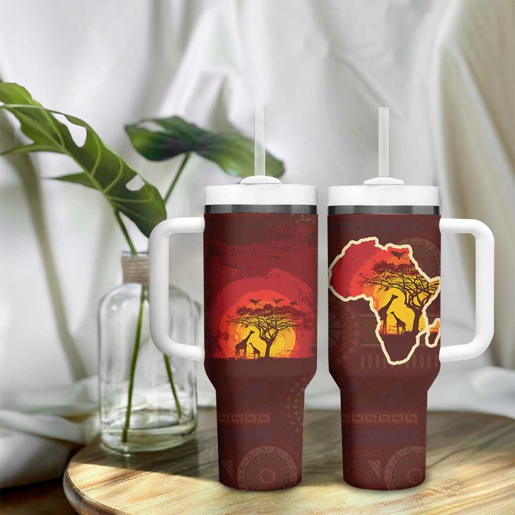 African Sunset Tumbler With Handle Tribal Pattern Continent Silhouette - Rainbow Arc Safari Scene TS04