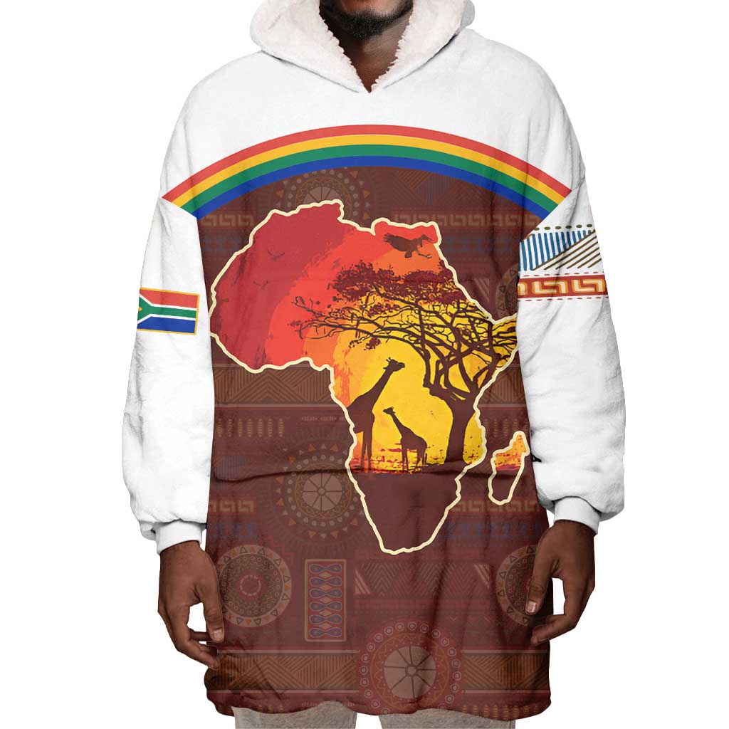 African Sunset Wearable Blanket Hoodie Tribal Pattern Continent Silhouette - Rainbow Arc Safari Scene TS04