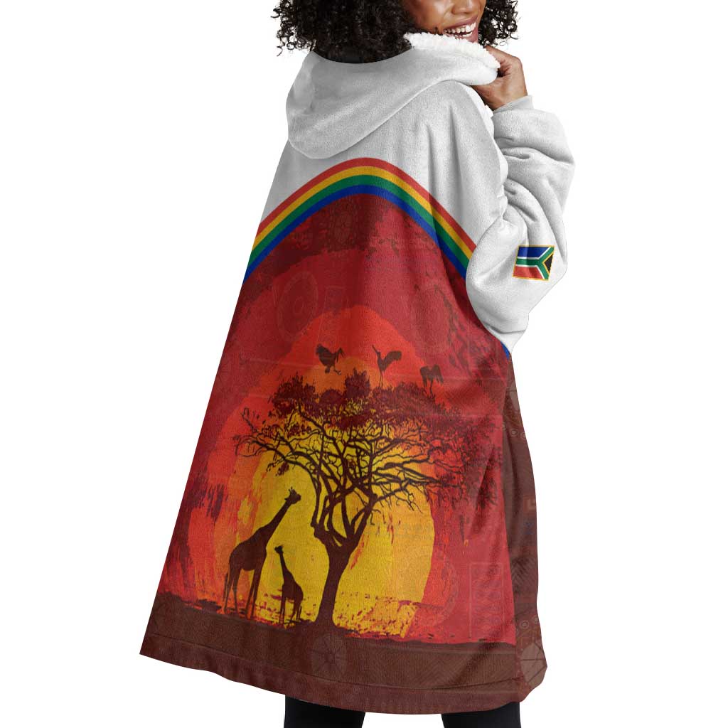 African Sunset Wearable Blanket Hoodie Tribal Pattern Continent Silhouette - Rainbow Arc Safari Scene TS04